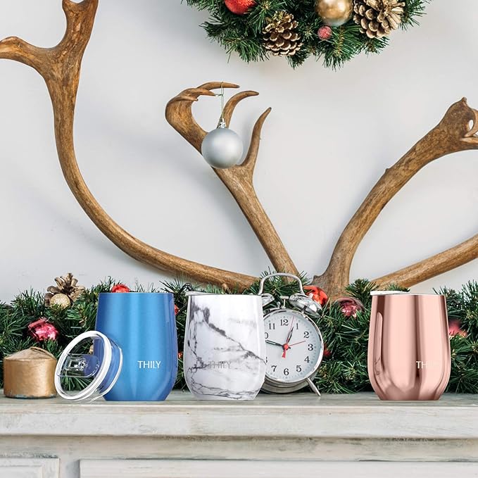 THILY Stainless Steel Stemless Wine Tumbler 4 Pack Vacuum Insulated Travel Wine Glasses Set with Sliding Lids and Straws, Keep Cold for Juice, Cocktails, Beer, Party, Christmas Gift, White Marble