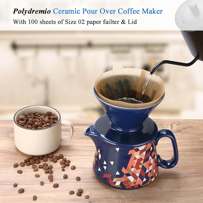 Pour Over Coffee Maker, Ceramic Coffee dripper with 100 pcs Size 02 Paper Filter, Ceramic coffee Server with Lid, 15.5oz/450 ml, Suitable for 1-2 people (Blue)