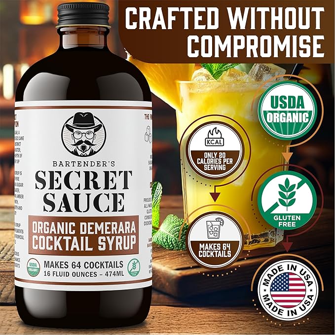 Bartender’s Secret Sauce USDA Organic Demerara Syrup – 2-Pack (16oz Bottles) – Handcrafted, Gluten-Free Cocktail Syrup – Makes 128 Drinks – Great for Old Fashioneds, Tiki & Coffee Drinks