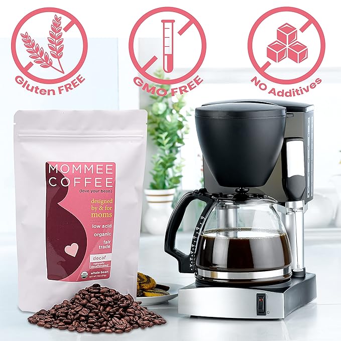 Mommee Coffee Decaf Whole Bean Low Acid Coffee- 100% Arabica Organic Decaf Coffee Beans with Smooth Caramel Flavor - Natural Decaffeination Process - Medium Roast - 11 oz