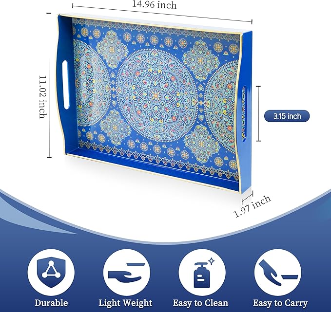 Gifturbo Decorative Tray for Coffee Table with Handles,Plastic Elegant Floral Rectangular Serving Tray for Ottoman,Living Room,Bathroom,Home Decor,Entertaining,2 Handles