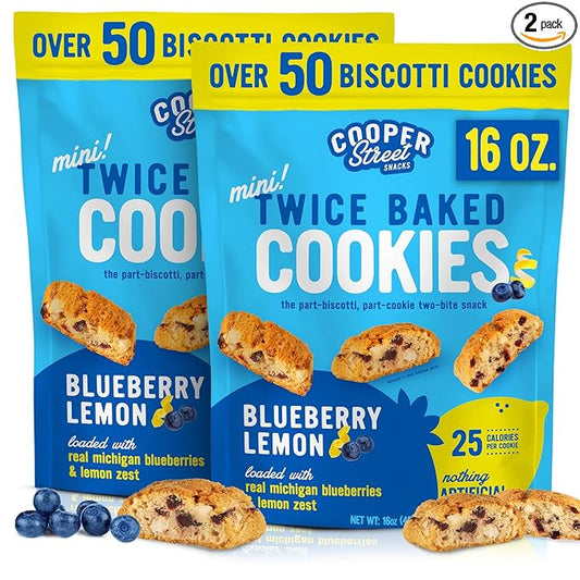 Cooper Street Twice-Baked Blueberry Lemon Biscotti Cookies (16 oz Pack of 2) – Over 50 Biscotti per Bag Loaded with Real Fruit, Traditional Italian Style Snacks - Dairy, Peanut & Soy Free, Kosher