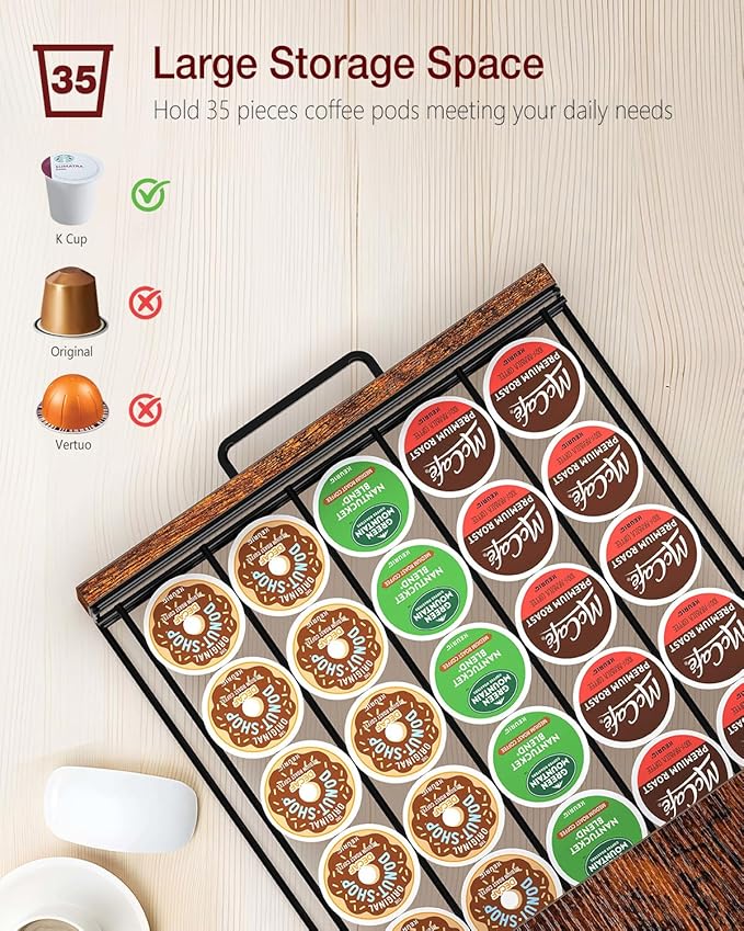 Evermagin K Cup Holder, 35 Pod Capacity, Coffee Pod Holder Compatible with Keurig, Coffee Station Organizer for Countertop with Cup Rack, Rustic Brown
