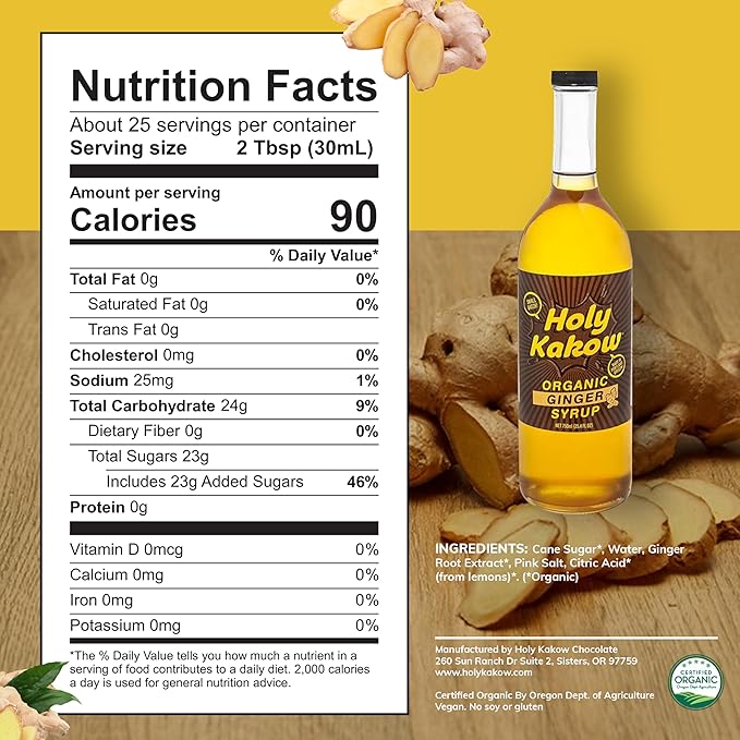 Holy Kakow Cafe Organic Ginger Syrup - Ginger Syrup, Coffee Syrup, Organic Syrup for Coffee, Ginger Syrup for Coffee, Add to Latte, Cocktail and Shake, Real Food Ingredients, Specific Flavor - 750ml