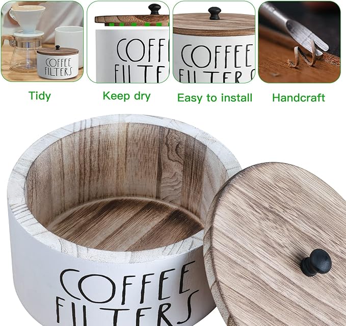 Wooden Coffee Filter Holder With Lid - Rustic Storage Container and Dispenser Basket for Coffee Bar Decor, Farmhouse Accessories - White