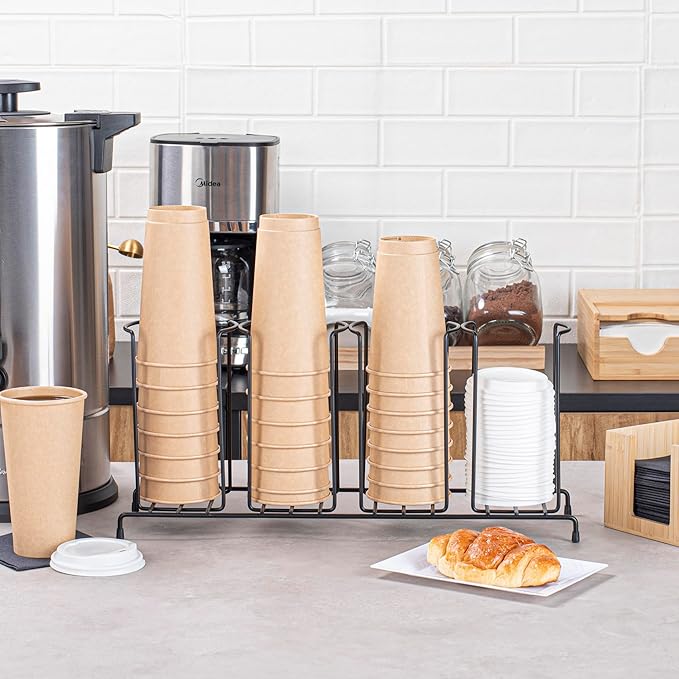 Restaurantware Restpresso 18.5 Inch x 5 Inch x 8.5 Inch Coffee Cup Organizer 1 4-Section Cup And Lid Organizer - Wire Design Compact Black Iron Wire Cup Dispenser For Countertops And Storage