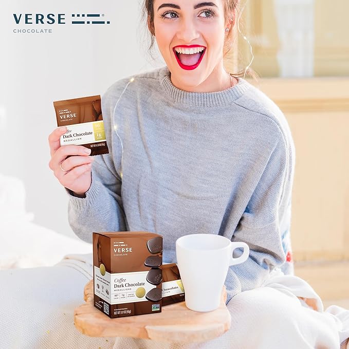 Verse Luxury Dark Chocolate Coffee Squares - Only 1g Cane Sugar - Coffee Flavored 90% Dark Cocoa - Individually Wrapped Cacao Chocolate Squares (9 Count, 2 Pack)