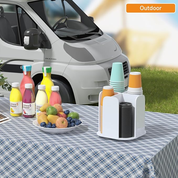 Beego Rotatable 4-Compartment White Acrylic Cup Dispenser - Coffee Station Cup and Lid Carousel Countertop Plastic Cup Holder for Restaurant Breakroom Coffee Bar