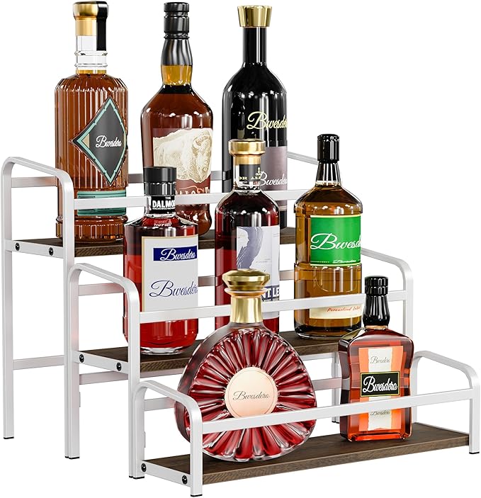 Coffee Syrup Rack Organizer, Wine Racks, Spice Racks, 3-Tier (Magnetic Connection) 12 Bottles Storage Shelves for Syrup Bottle Holder Stand for Coffee Bar, Kitchen Countertop, Rustic Brown & White