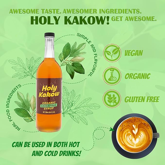Holy Kakow Organic Sassafras Syrup - Natural Coffee Syrup, Liquid Sugar Coffee Flavoring Syrup, Cane Sugar Syrup, Liquid Sugar for Iced Coffee, Sasssafras Syrup for Coffee, Cocktails, Non-GMO - 750 ml