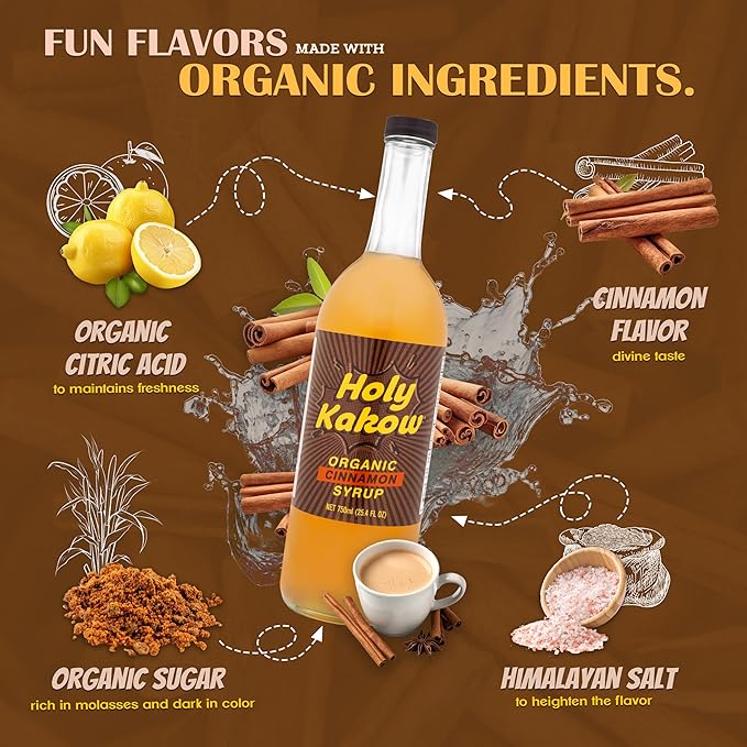 Holy Kakow Cafe Organic Cinnamon Syrup - Cinnamon Coffee Syrup, Organic Syrup for Coffee, Cinnamon Syrup for Coffee, Latte, Cocktail and Shake - 750ml