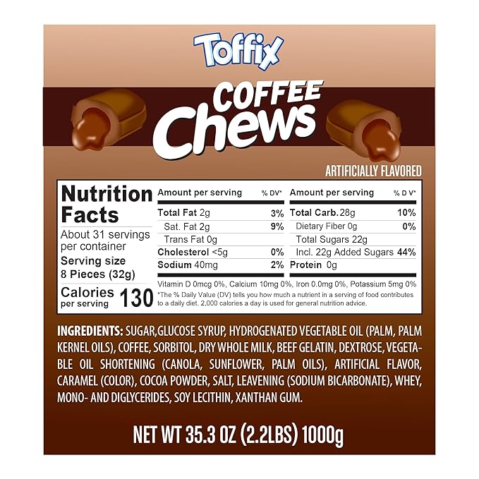 Toffix Coffee Chews, Center-Filled Soft Chewy Candy, 250 Pieces of Individually Wrapped Snacks for Kids & Adults, Coffee Flavored Chewy Candies - 2 Pound Bulk Bag