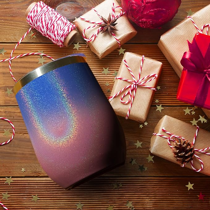 MEWAY 12oz/12 Pack Wine Tumbler Glasses with Lid - Stemless Double Wall Vacuum Stainless Steel Glitter Tumbler - Keeping Cold & Hot Cup for Coffee,for Women(Gradient Pink,Set of 12)