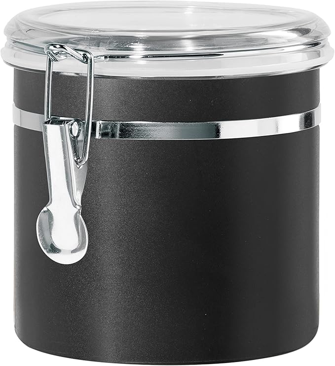 Oggi Stainless Steel Kitchen Canister 36 fl oz, Black - Airtight Clamp Lid, Clear See-Thru Top - Ideal for Kitchen Storage, Food Storage, Pantry Storage. Size 5" x 4.75".
