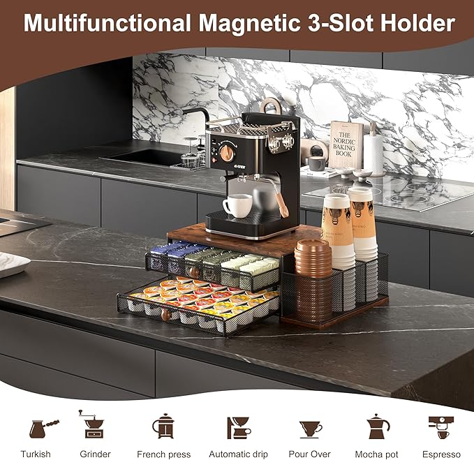 Coffee Bar Organizer, 60 Capacity K Cup Organizer for Countertop, 2 Tier Sliding Coffee Pod Storage Drawer with Disposable Cup & Lid Holder, Black