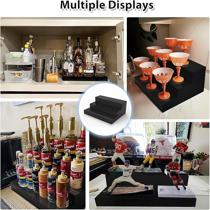 Liquor Bottle Display Shelf, Black Acrylic Riser Display Stand, Bar Shelves for Liquor Bottles, 3 Tier Shelf Organizer for Alcohol Figures Coffee Syrup Display, 16" L x 12.5" W x 6.5" H, Black