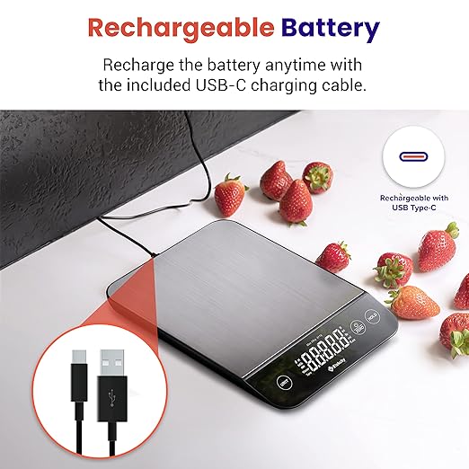 Etekcity Digital Food Kitchen Scale, Grams and Oz for Weight Loss, Baking and Cooking, 0.05oz/1g Precise Graduation,5 Weight Units, IPX6 Waterproof, USB Rechargeable,304 Stainless Steel-Silver, 22lb