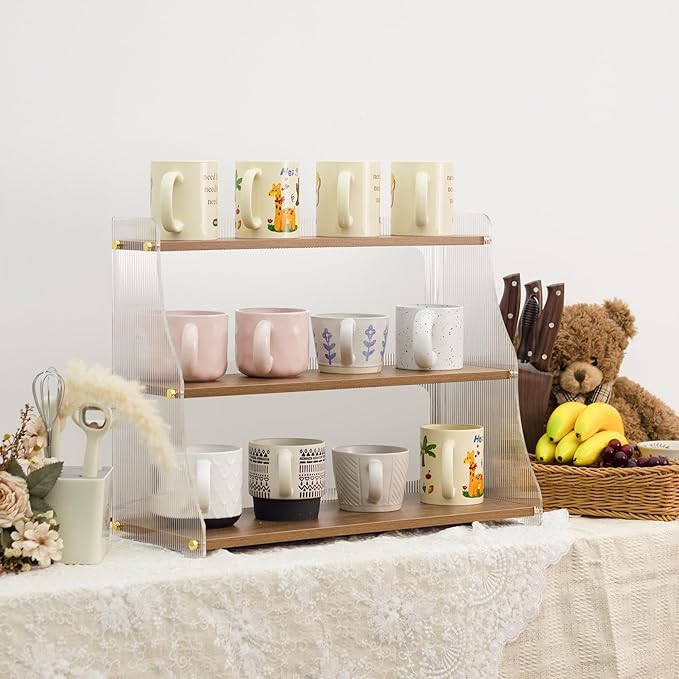 Coffee Mug Holder Wooden Cup Station Organizer 3 Tier Cup Holder for Coffee Bar Mug Display Rack for Countertop Mug Holder Shelf for Home Kitchen Nut Brown Solid Wood