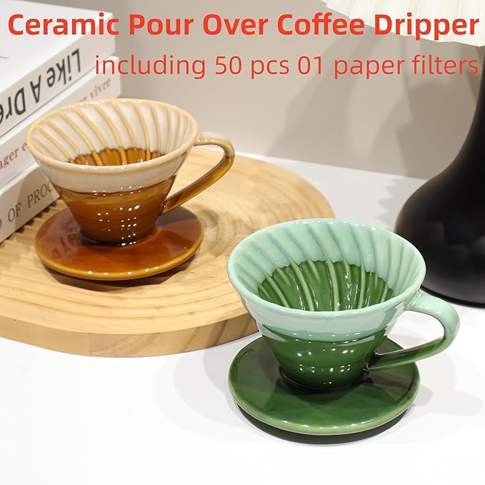 Ceramic Pour Over Coffee Dripper with 50 pcs V60 coffee filters - Portable Drip Coffee Brewer for Travel, Camping, Office or Home - Artisanal Pottery Gift for Enthusiasts