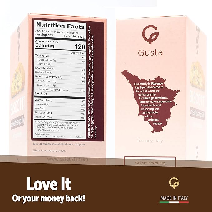 Gusta Authentic Soft Biscotti Cookies Made in Tuscany, Italy - Cranberry - Original Two Bites Size - All Natural Ingredients - Fresh & Genuine Italian Dessert Treats - 17.64oz