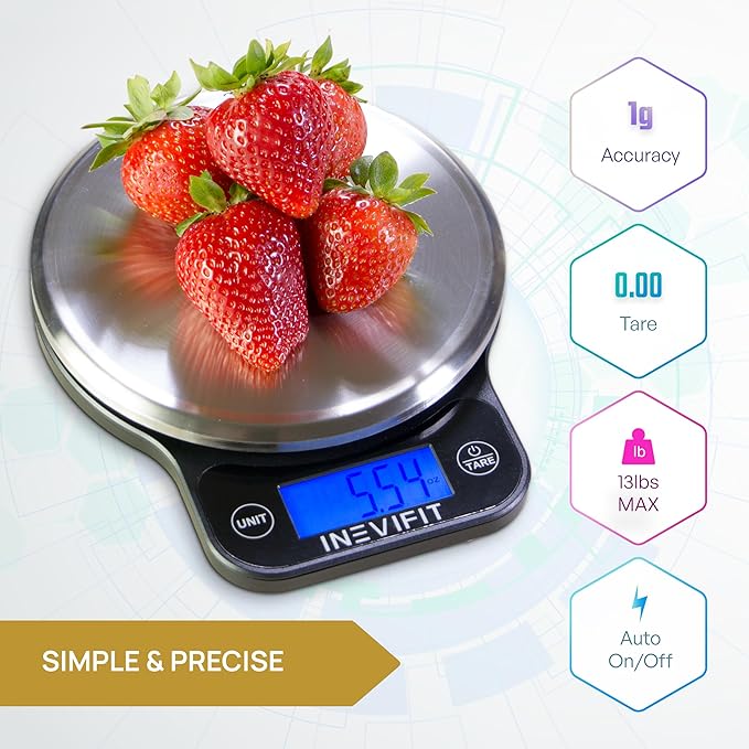 INEVIFIT Digital Kitchen Scale, Highly Accurate Multifunction Food Scale 13 lbs 6kgs Max, Clean Modern Black with Premium Stainless Steel Finish. Includes Batteries