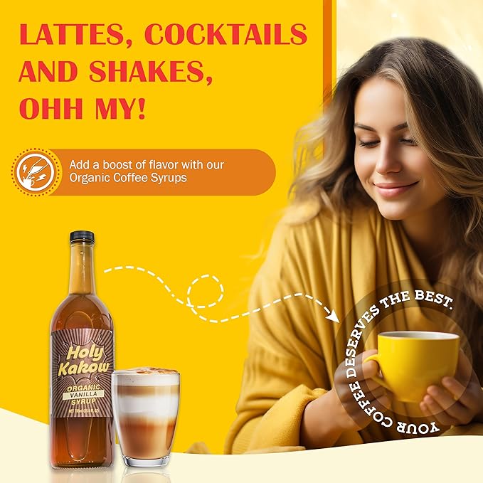 Holy Kakow Cafe Organic Vanilla Syrup - Vanilla Syrup, Coffee Syrup, Organic Syrup for Coffee, Vanilla Syrup for Coffee, Add to Latte, Cocktail & Shake, Real Food Ingredients, Specific Flavor - 750ml
