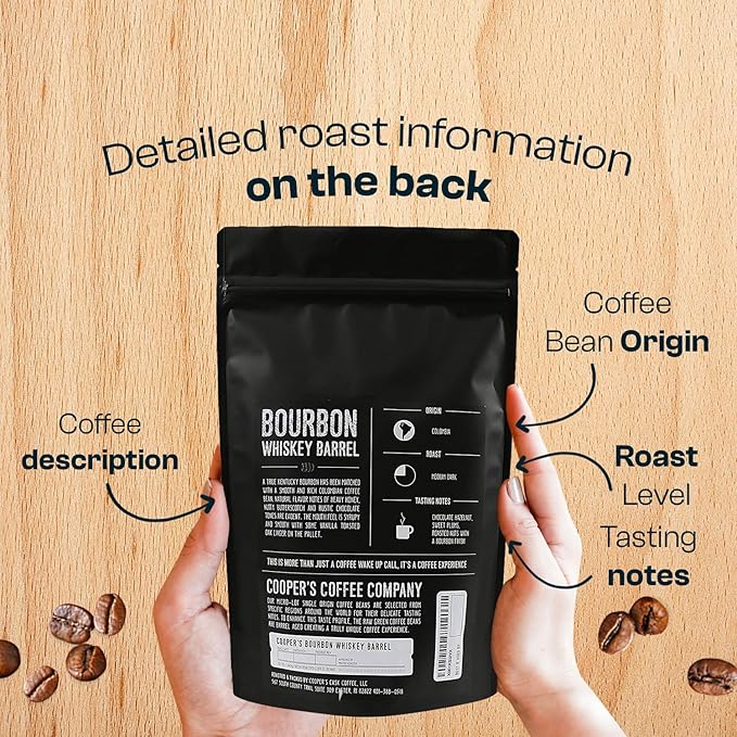 Bourbon Barrel Aged Coffee, Single-Origin Colombian Beans Aged in Kentucky Bourbon Whiskey Barrels, Medium Dark Roast Whole Bean, 12 oz