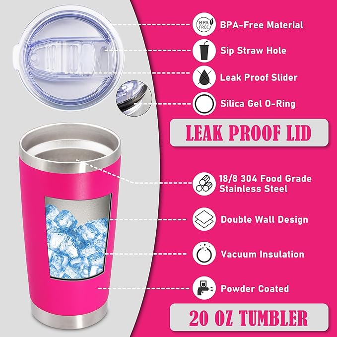 20 oz Tumbler Coffee Travel Tumblers Bulk with Lid Stainless Steel Double Wall Vacuum Insulated Mug Powder Coated Cups fit Car Cupholder for Hot and Cold - Hot Pink, 8Pack