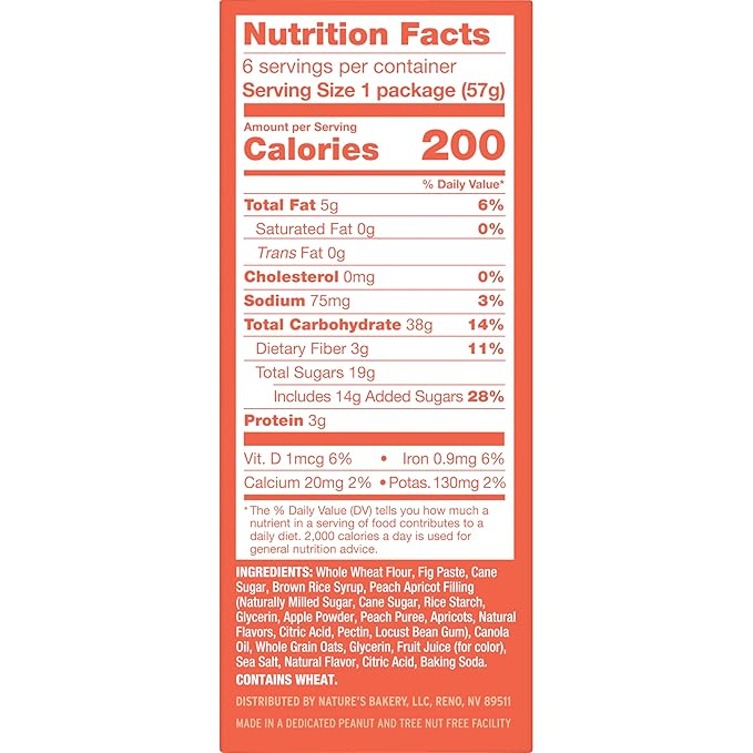 Nature's Bakery Whole Wheat Fig Bars, Peach Apricot, Real Fruit, Vegan, Non-GMO, Snack bar, 6 Count (Pack of 6)