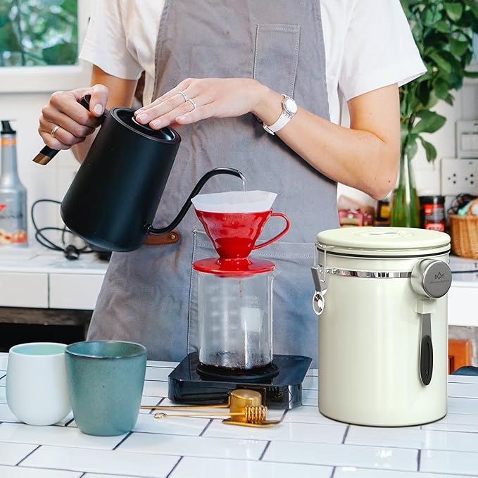 35OZ Coffee Canister for ground coffee with Date Tracker,beige 304 Stainless Steel Kitchen Food Airtight storage container for Coffee Beans or Grounds, Tea, Sugar