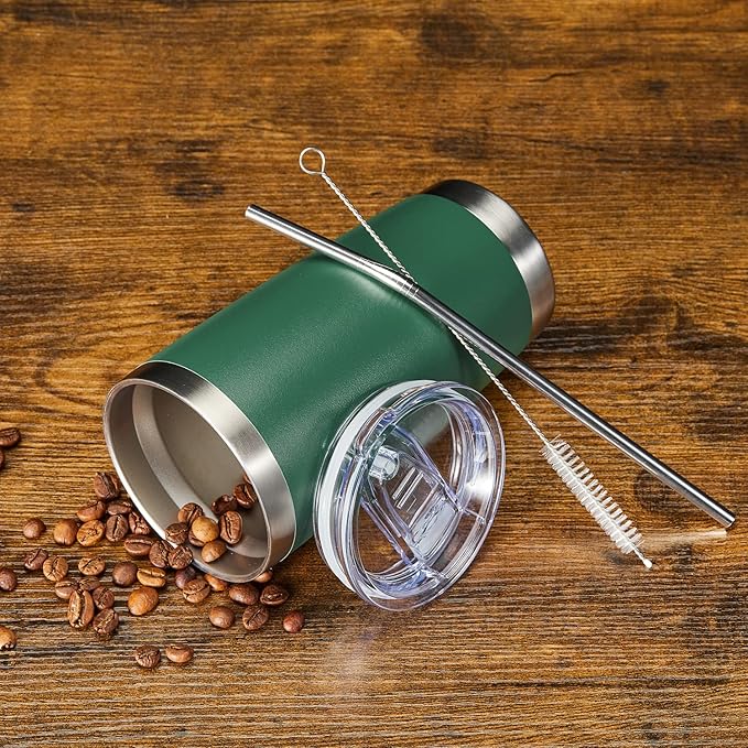 COMOOO 20oz 8 Pack Tumbler Double Wall Vacuum Insulated Coffee Travel Mug Stainless Steel Tumbler Bulk with Lid and Straw Insulated Coffee Cup for Cold & Hot Drinks (dark green, 8 Pack)