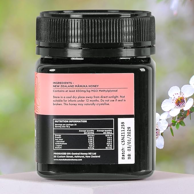 Manuka Hunters UMF 20+/MGO 830+ Certified New Zealand Manuka Honey - 100% Pure Natural Sweetener - Gluten, Dairy Free - Ideal for Tea, Coffee, Smoothies, and Baking - Sustainable - 8.8oz/250g Jar