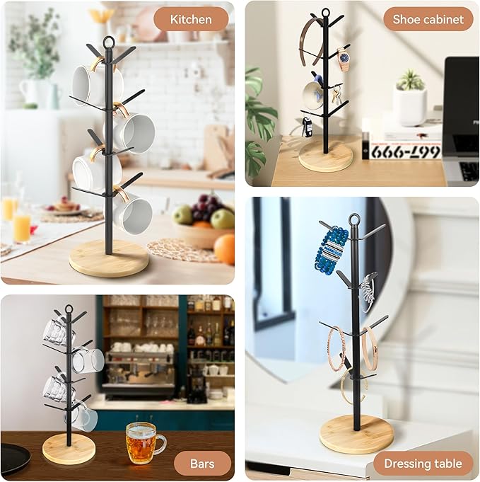 simesove Coffee Mug Holder, Non-Slip Cup Tree with 8 Hooks, Wood Stand Organizer for Counter, Bar and Kitchen Home Decor (Natural)