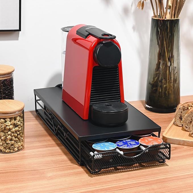 Coffee Pod Holder is Pull-Out and has an Adjustable Lever, K Cup Holder, Coffee Pod Organizer, Making It Easy to Store, Made of Black Metal