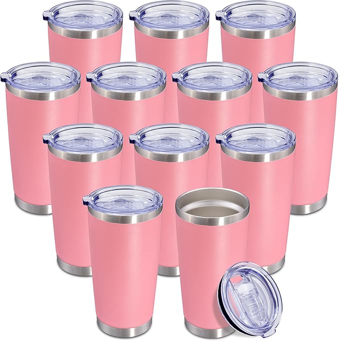 20 oz Tumbler Coffee Travel Tumblers Bulk with Lid Stainless Steel Double Wall Vacuum Insulated Mug Powder Coated Cups fit Car Cupholder for Hot and Cold - Pink, 12Pack