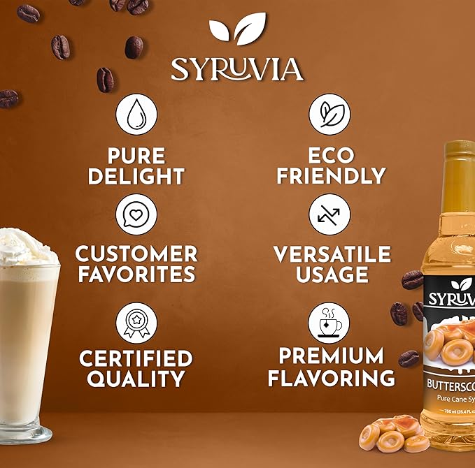 Syruvia Butterscotch Coffee Syrup - 25.4 fl oz Premium Coffee Flavoring Syrup - Kosher Coffee Syrups, Gluten Free, No Coloring, Perfect for Drinks, Soda, Shakes, and More With Pump