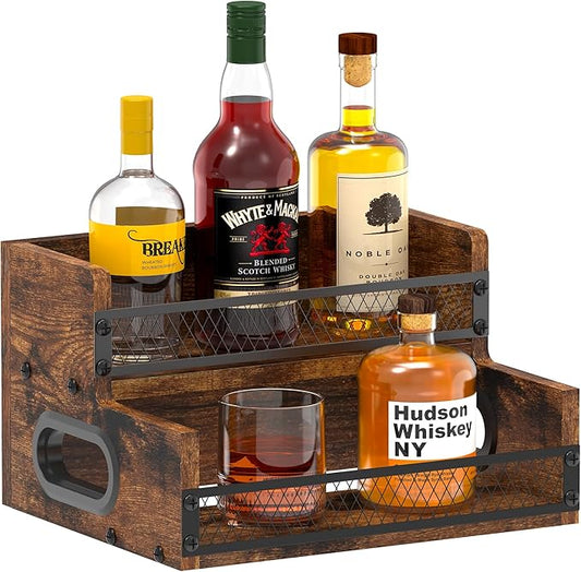 Liquor Bottle Display Shelf, Coffee Syrup Rack Organizer, 2 Step Countertop Liquor Wine Rack, 8 Bottles Coffee Station Organizer with Fences & Handles, Home Retro Bar Shelf Stand for Liquor Whiskey