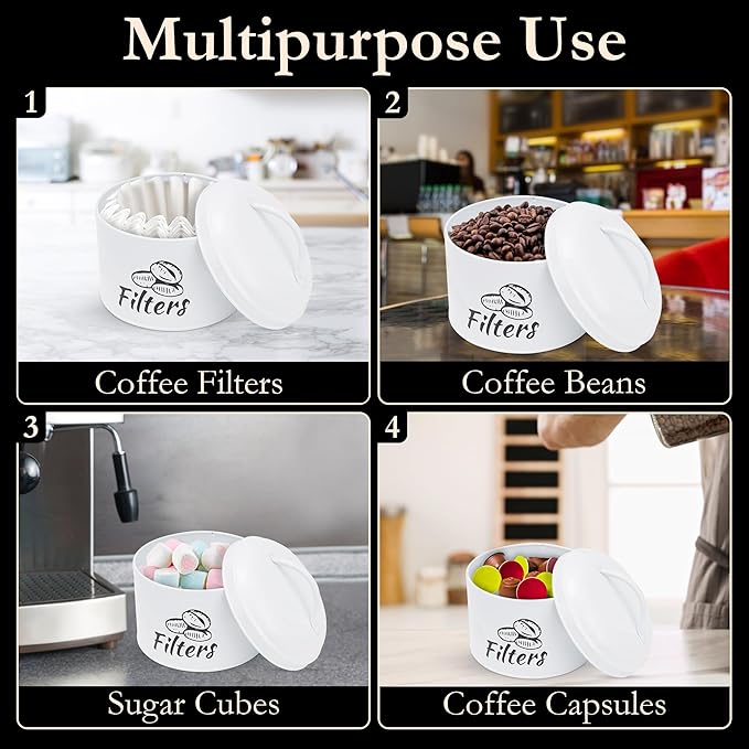 Coffee Filter Holder with Metal Lid – Coffee Filter Container for Countertop – Modern Organizer for Cone Filters – Coffe Bar Accessory for Kitchen Decor (white)