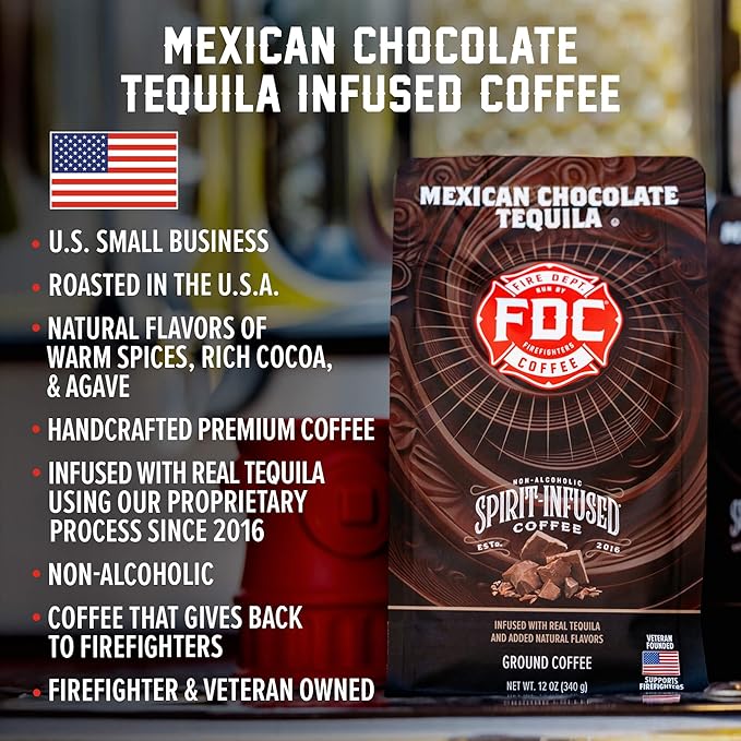 Fire Department Coffee - Gives Back to Firefighters - Mexican Chocolate Tequila Infused Ground Coffee - Medium Roast - Non-Alcoholic - Roasted in the USA - Veteran Owned - 12 oz