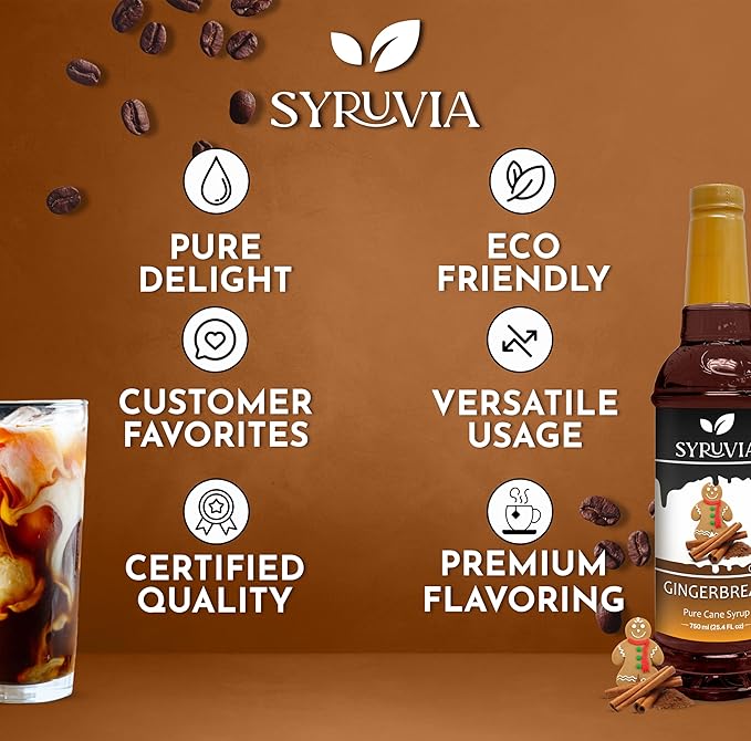 Syruvia Gingerbread Syrup for Coffee, Flavored Syrup for Drinks, Lattes, and Desserts – 25.4 fl oz, With Pump