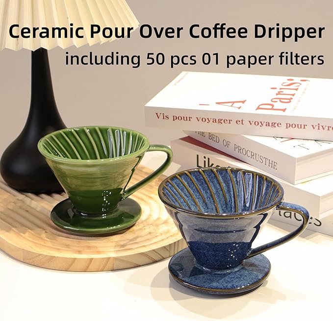 Ceramic Coffee Dripper includes 50 Filters 01 Pour Over Coffee Maker Porcelain V 60 Hand Brewed Set Pottery Artisanal Drip Brew Barista Gift for 1-2 People Travel Camping Office Home