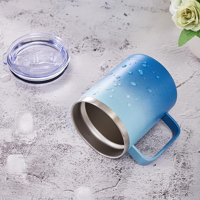 MEWAY 12oz Coffee Mug With Handle and Sliding Lid,Stainless Steel Travel Tumbler Cup with Handle,Double Wall Vacuum Insulated Camping Cup for Hot & Cold Drinks Tea (Blue Waves,Set of 1)