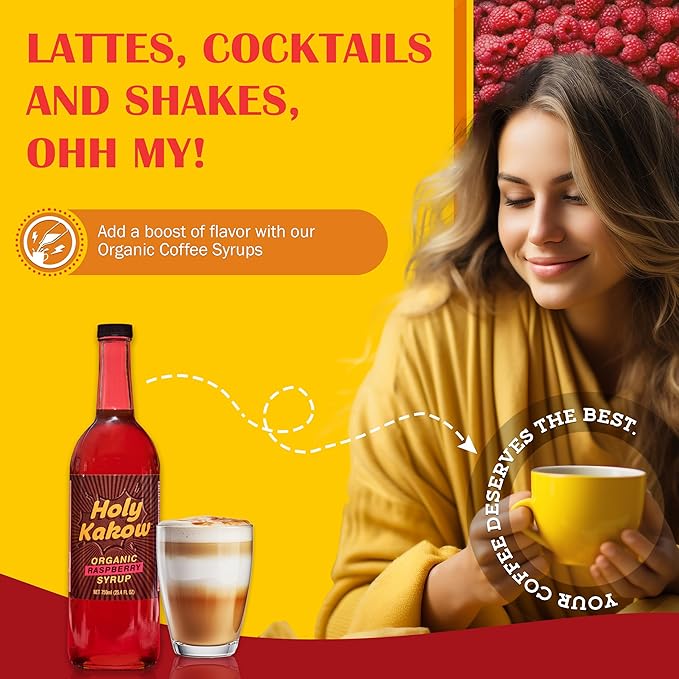 Holy Kakow Organic Raspberry Syrup - Made with Organic Ingredients, GMO Free, Vegan, Gluten-Free, No Preservatives, Raspberry Syrup for Coffee - 750ml Bottle