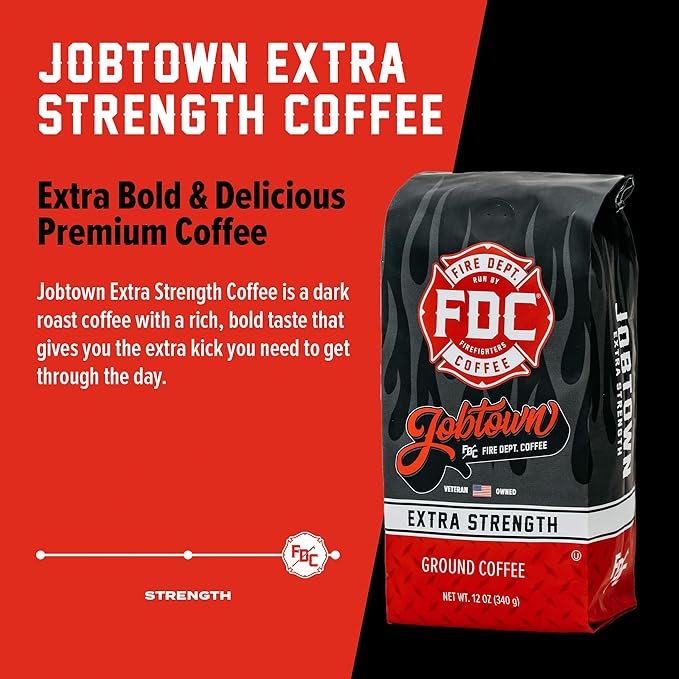 Fire Department Coffee - Gives Back to Firefighters - Jobtown Extra Strength Ground Coffee - Rich & Bold Dark Roast - Roasted in the USA - Veteran Owned - 12 oz