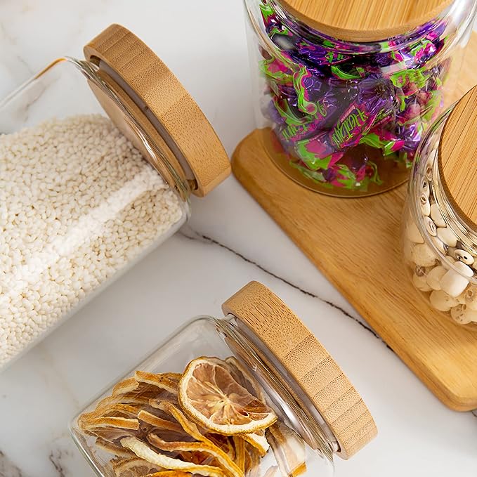 1200ML/42Oz Clear Cute Glass Storage Canister Holder with Airtight Bamboo Lid, Modern Decorative Large Container Jar for Coffee, Spice, Candy, Salt, Cookie, Condiment, Pepper, Sugar