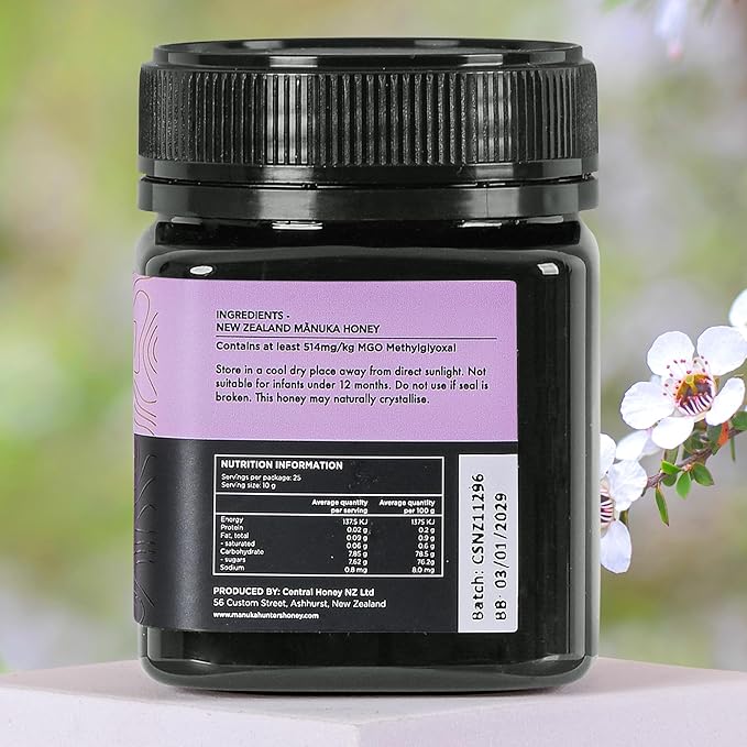 Manuka Hunters UMF 15+/MGO 514+ Certified New Zealand Manuka Honey - 100% Pure Natural Sweetener - Gluten, Dairy Free - Ideal for Tea, Coffee, Smoothies, and Baking - Sustainable - 8.8oz/250g Jar