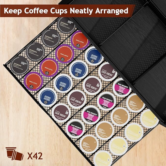 Coffee Bar Organizer - Coffee Station for Countertop, Metal and Wood K Cup holder Storage Basket with Drawer for Syrup, Cups, Stirrer, Condiment, Tea Organizer, Black