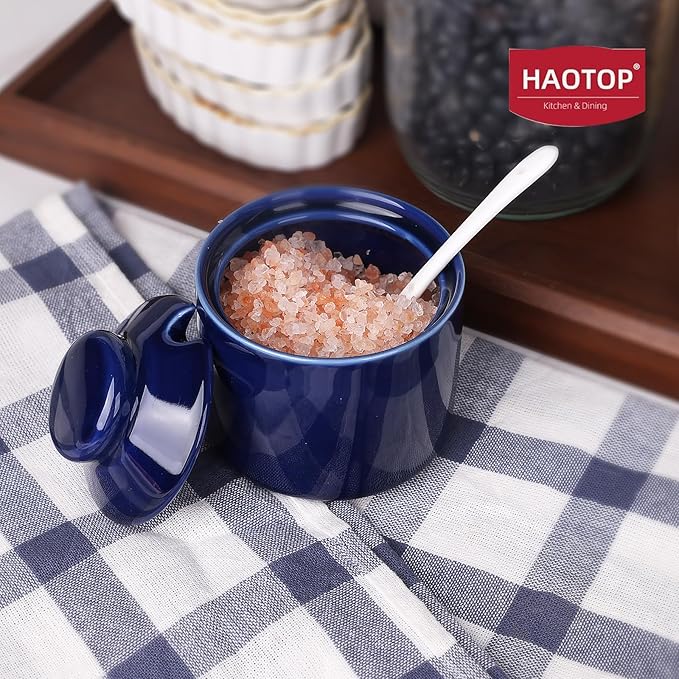 HAOTOP 8 oz Sugar Bowl with Lid and Spoon,Ceramic Sugar Jar Sugar Dispenser Sugar Container Coffee Bar Accessories, Kitchen Countertop Canisters (Navy)