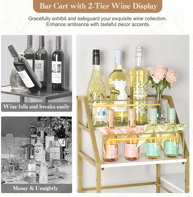 VINAEMO Gold Bar Cart With Wine Glass Holder, Stand for Home, Small Mini Bar for Whiskey Wine, Liquor Cart, Alcohol Cabinet for Kitchen, Dining Room