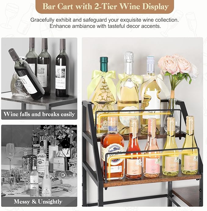 VINAEMO Rolling Bar Cart with Wine Glass Holder, Mini Bar for Whiskey Wine, Liquor Cart for Home, Alcohol Cabinet for Kitchen, Dining Room